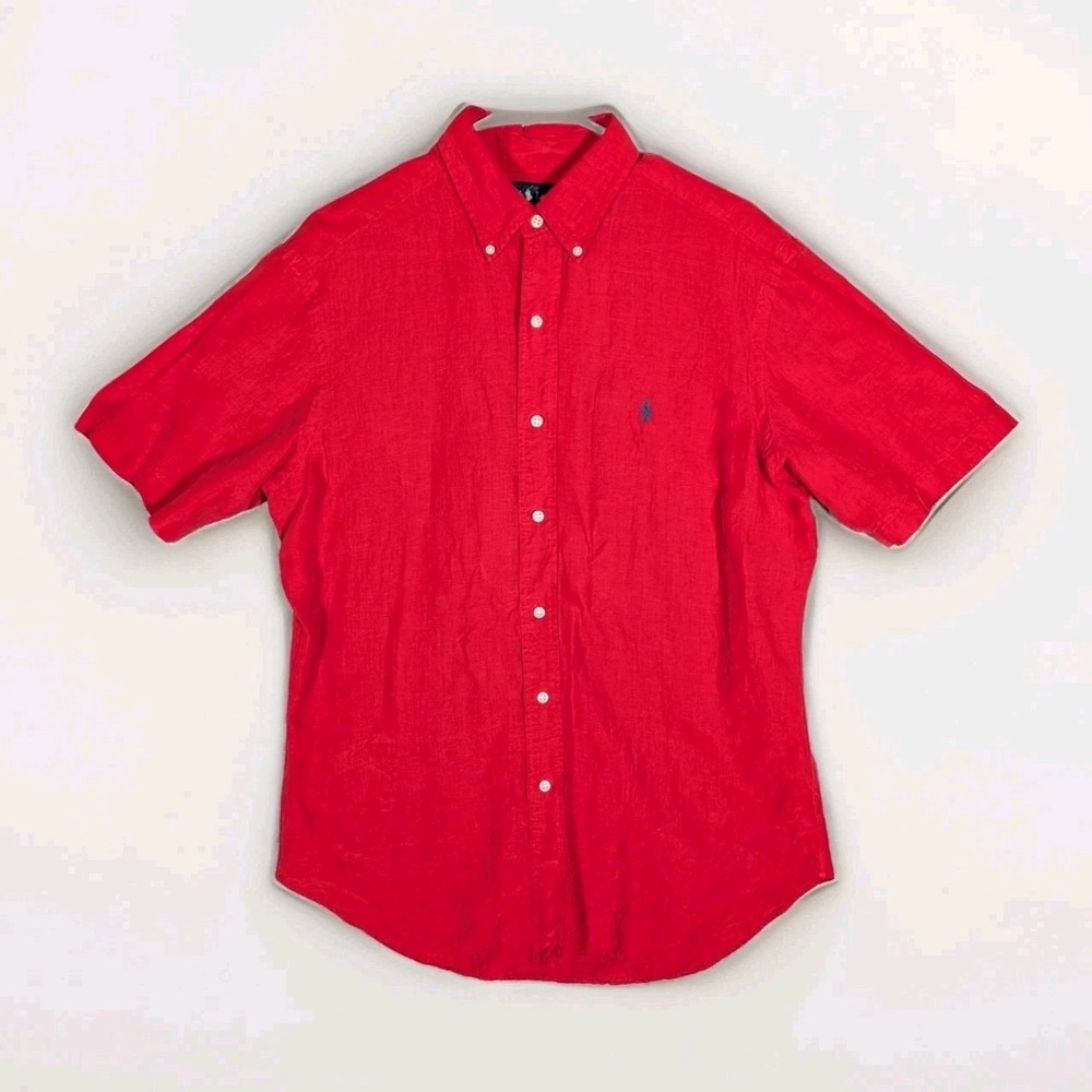 Vintage Polo Ralph Lauren Button Down Shirt Men's Medium Red Linen Silk Pony